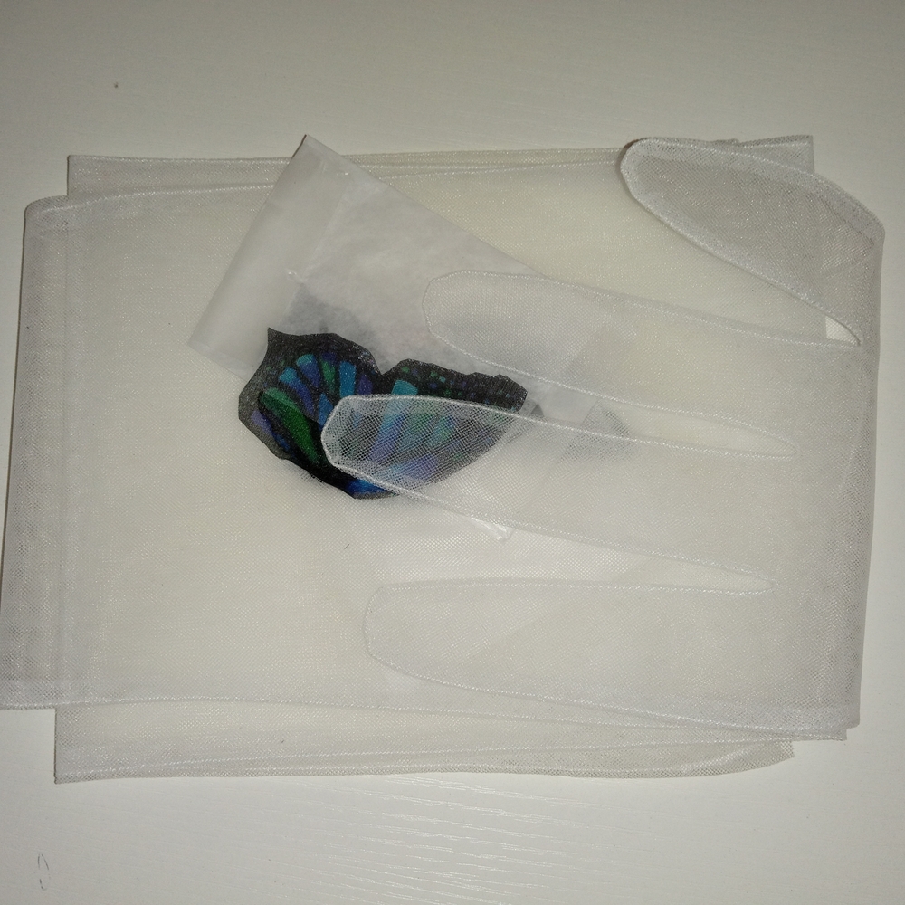 White Sheer Gloves with Blue and Green Butterfly Accent